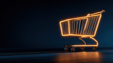 Glowing shopping cart with neon light effect against dark background, illustrating online shopping concept, commerce, and modern technology in retail industryの素材