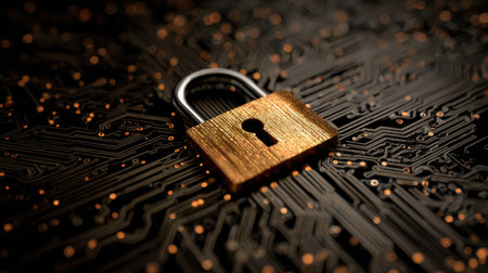 Secure Digital Lock on Circuit Board Background with Glowing Elements Representing Cybersecurity, Data Protection, and Privacy in Technologyの素材