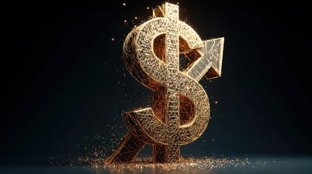 3D Illustration of a Wireframe Dollar Sign with an Upward Arrow, Symbolizing Financial Growth, Profit Increase, and Economic Success Conceptの素材