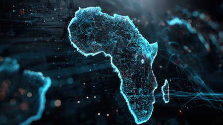 Futuristic Digital Map of Africa with Glowing Data Points and Network Connections Representing Technology and Innovation in the Continentの素材