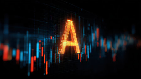 Abstract Data Visualization with Bold Letter A Illuminated Against Dark Background in a Modern Digital Environmentの素材