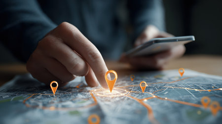 A Close-Up of a Hand Pointing at a Map with Mobile Phone in the Other Hand and Orange Location Markers Indicating Points of Interest in a Cityの素材