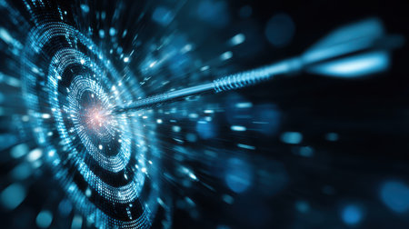 Dynamic dart arrow piercing through a digital target center, representing precision and focus in technology and business success, with glowing blue visual effectsの素材