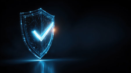 Glowing Digital Shield with Check Mark Representing Security, Protection, and Trust in Cyber Technology Against Dark Backgroundの素材