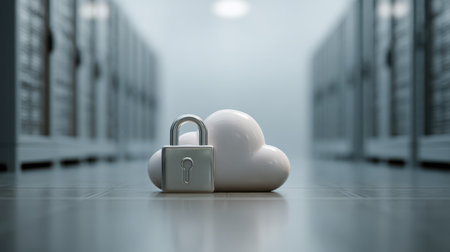 Conceptual representation of digital security with a cloud symbol and a padlock in a high-tech server room backgroundの素材