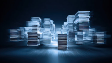 Abstract view of blurred documents creating a sense of movement and urgency, showcasing digital transformation and modern technology in an office environmentの素材