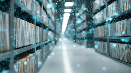 Serene and Organized Library with Shelves of Books Bathed in Soft Blue Sparkles and Focused Light for Ideal Study or Reading Environmentの素材