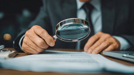 Businessman Inspecting Document with Magnifying Glass in Modern Office Setting, Focus on Hands Holding Glass Tool Over Paperworkの素材