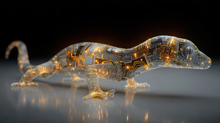 Futuristic Transparent Gecko with Circuit Patterns and Glowing Elements on a Dark Background in a Conceptual Technology Art Styleの素材