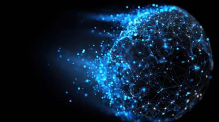 Abstract Representation of a Digital Globe Made from Connecting Dots and Lines with Bright Blue Particles on a Black Backgroundの素材