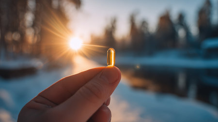 Close-up of a hand holding a golden capsule against a serene winter landscape with sun rays shining, symbolizing health, wellness, and nature connectionの素材