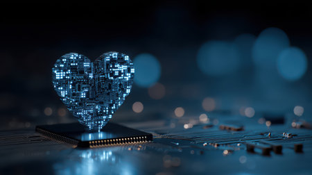 Heart Shape Made of Digital Circuitry with Blue Glowing Lights Reflecting Technology and Innovation in Modern Communication and Connectionの素材