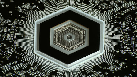 Intricate Close-Up of Modern Microchip with Hexagonal Design, Technology Circuit Patterns, and Detailed Electronic Components in Black and Silver Colorsの素材