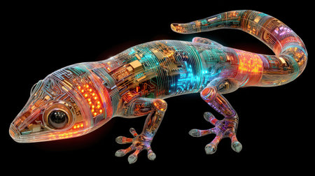 Digital Geckos with Neon Circuit Patterns in Vibrant Colors Illustrating the Fusion of Nature and Technology Against a Black Backgroundの素材