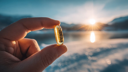 Hand Holding a Golden Capsule Against a Serene Nature Background at Sunrise Near Water and Snowy Mountains, Symbolizing Health and Wellnessの素材