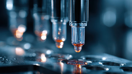 Precision Engineering in Laboratory Setting with Close-Up of Pipette Tips in Motion and Droplet Formation in Scientific Research Environmentの素材