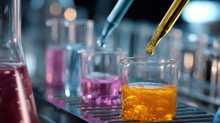 Colorful Chemical Reactions in Laboratory Glassware with Droppers and Vibrant Liquid Solutions for Scientific Exploration and Experimentationの素材