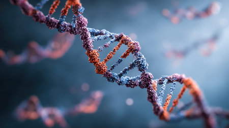 Detailed 3D Rendering of DNA Helix Structure in a Scientific Background with Colorful Base Pairs and Soft Focused Light Effectsの素材