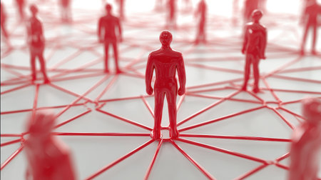 Red human figures connected by lines representing social networks and relationships in a digital space illustrating connections and interactions in societyの素材