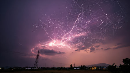 Majestic Thunderstorm with Bright Lightning Strikes and Dramatic Clouds Over a Rural Landscape at Dusk with Abstract Connections in Skyの素材