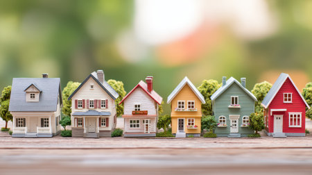Colorful miniature houses lined up on a wooden table with blurred greenery in the background showcasing charming architecture and vibrant designsの素材