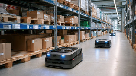 Modern warehouse with automated robots transporting boxes and packages along an organized aisle, showcasing advanced logistics technology in actionの素材