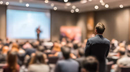 Business conference with speaker on stage and audience engaged in professional learning and networking environment with blurred focus and bright lighting setupの素材