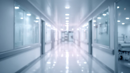 Blurred Hospital Corridor with Bright Lighting and Medical Equipment in a Modern Healthcare Facilityの素材