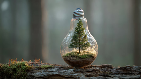 Eco-Friendly Illumination Concept with Small Tree Growing Inside Glass Light Bulb on Natural Wood Log in Serene Forest Environmentの素材