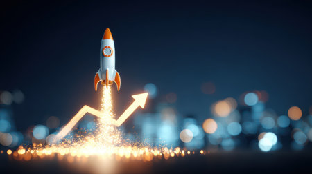 Creative depiction of a rocket launch symbolizing growth, innovation, and success with an abstract graph indicating upward momentum against a city backdropの素材