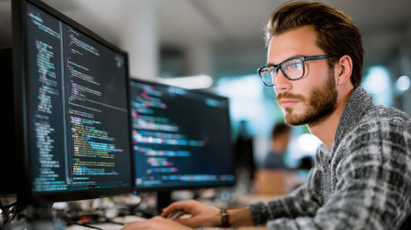 Focused male programmer working at desk with multiple monitors displaying lines of code in a modern office environment in daylightの素材