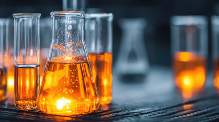 Laboratory Scene with Glassware Containing Orange Liquid, Experiment Setup, Chemistry Equipment, and Focus on Erlenmeyer Flask and Test Tubesの素材