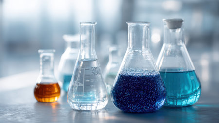 Assorted Laboratory Beakers and Flasks with Colorful Chemical Solutions and Experiments in a Bright and Modern Scientific Environmentの素材