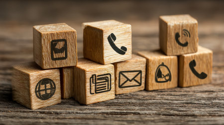 Wooden Blocks Displaying Communication Icons on a Rustic Wooden Surface for Concept of Modern Connectivity and Technology in Everyday Lifeの素材