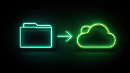Neon illustration of file transfer symbol, showing folder migrating to cloud storage, representing digital data management and technology conceptsの素材