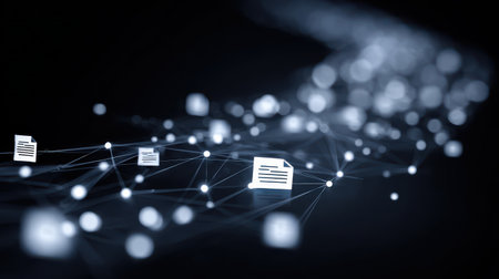 Abstract representation of digital documents connected through a network of glowing nodes symbolizing data transfer and communication in a modern environmentの素材