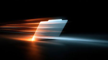 Abstract digital folder concept with glowing lights representing data transfer and speed in a modern technology environmentの素材
