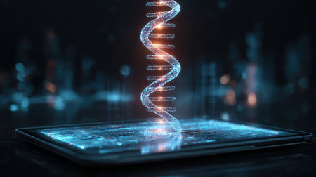 Futuristic Digital Tablet Displaying a 3D Molecular DNA Helix Structure with Bright Glowing Effects in a Dark Technology Environmentの素材