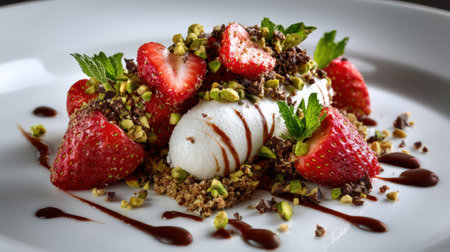 Delicious Strawberry Dessert with Cream, Nuts, Mint Leaves, and Chocolate Drizzle on a White Plate, Perfect for Culinary Photographyの素材