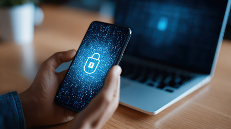 Digital Security Concept with Smartphone Displaying Lock Icon and Laptop in Background for Cyber Protection and Online Privacy Illustrationの素材