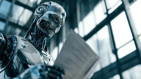 Futuristic humanoid robot reading document in modern architectural environment, showcasing advanced technology and artificial intelligence conceptsの素材
