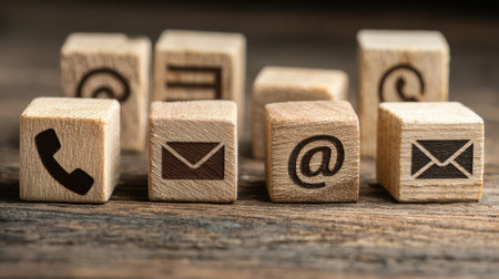 Communication Symbols on Wooden Blocks, Including Phone, Email, and Contact Icons, Representing Modern Interaction and Connectivity in Businessの素材