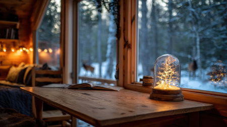 Cozy winter cabin interior with warm lighting, wooden table, glowing glass dome, snow-covered trees, and calming atmosphere for peaceful retreat or relaxationの素材