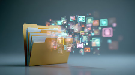 Digital file organization with glowing icons emerging from a yellow folder against a smooth gray background illustrating modern technology conceptsの素材