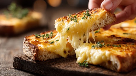 Deliciously Melted Cheese on Toast with Fresh Herbs, Capturing the Essence of Comfort Food in a Rustic Settingの素材