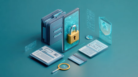 Digital security concept with documents, smartphone, padlock, and magnifying glass on a vibrant teal background representing data protection and privacyの素材