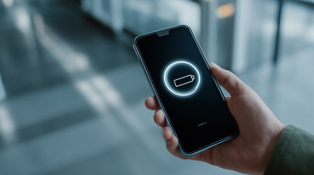Charging Smartphone Displaying Low Battery Icon While Hand Holding Mobile Device in Modern Office Environment for Technology and Connectivity Themesの素材