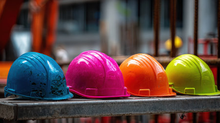 Colorful Hard Hats Arranged on a Construction Site for Safety and Protection During Building Projects and Renovationsの素材