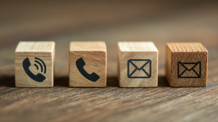 Wooden blocks with communication symbols depicting phone and email on a wooden surface representing contact methods in business and personal interactionsの素材