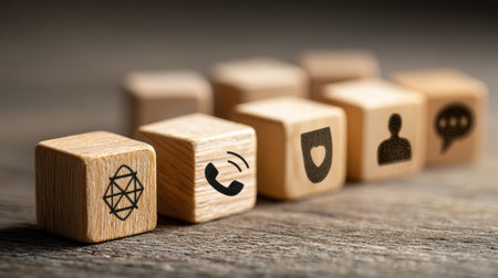 Wooden cubes with icons representing communication, security, networking, and support on a rustic wooden background for modern digital conceptsの素材